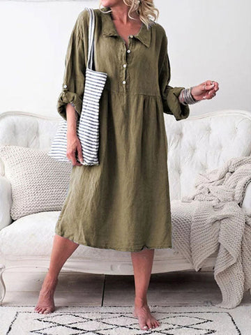 Woochic mi-longue blouse robe boutonnage col revers manches longues casual femme ample Vert armée S